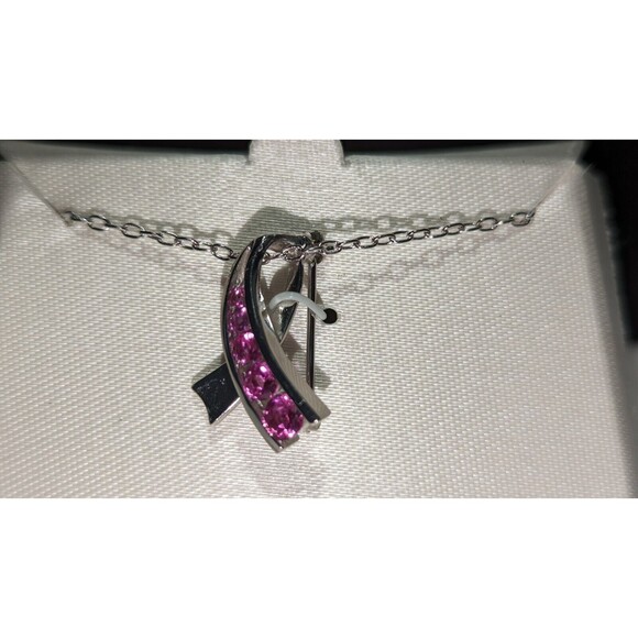 Pink Saphire Breast Cancer Charm Pin Necklace - Picture 3 of 6